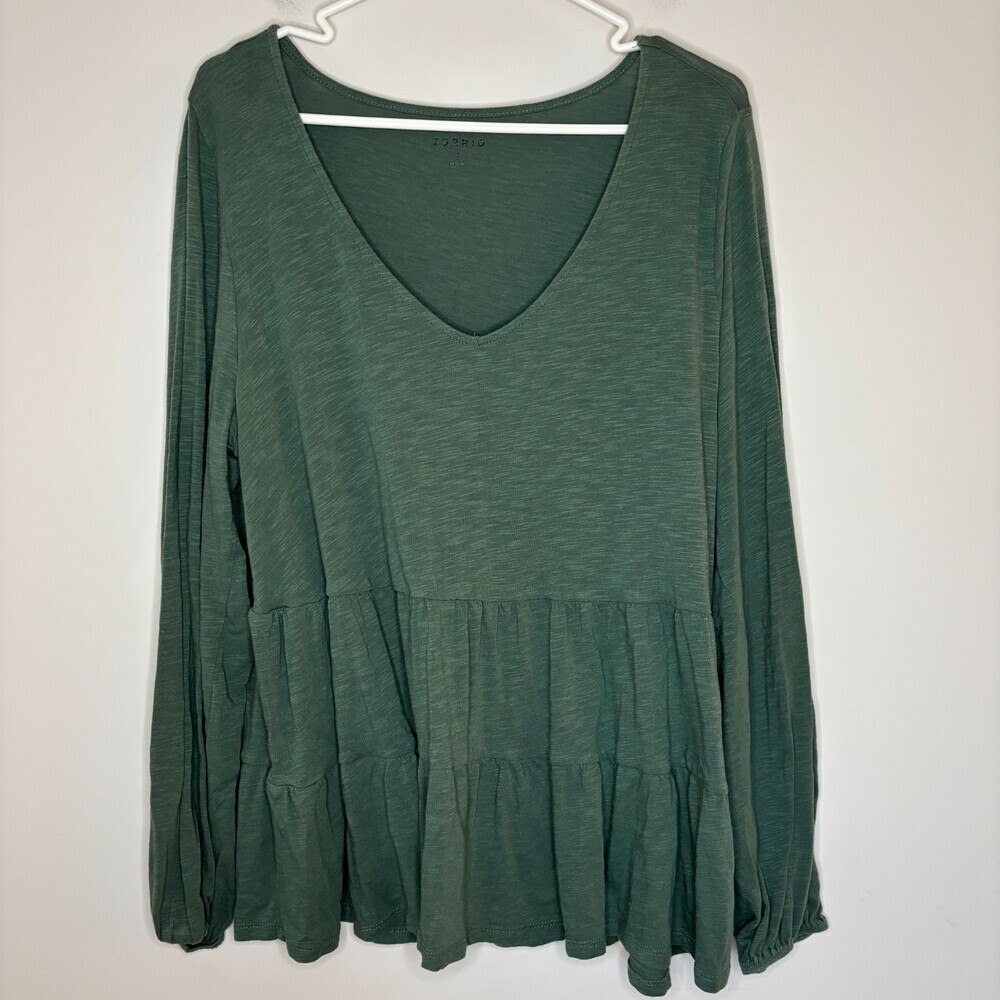 Torrid Ruffle Tiered V Neck Flowy Top Womens 1X Green Long Sleeve Stretch Blouse